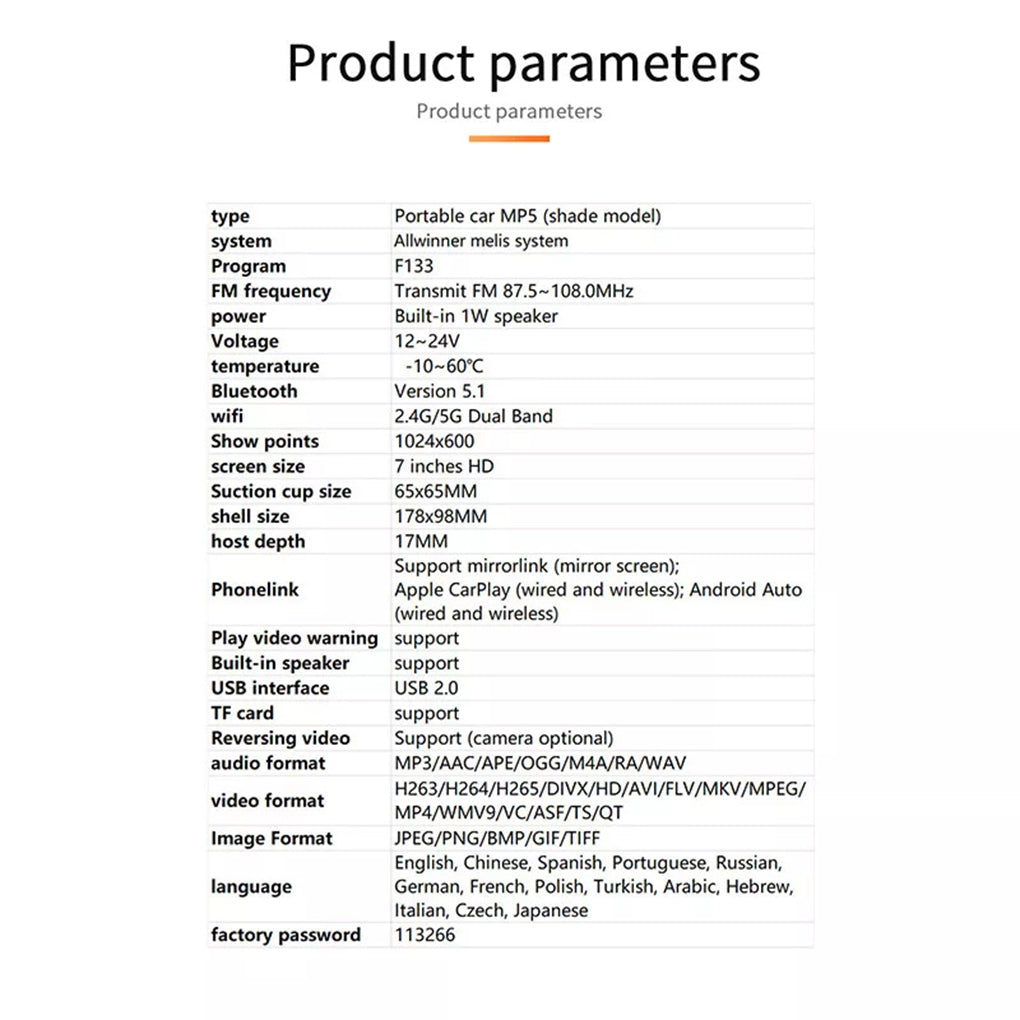 7 inch portable car bluetooth MP5 player HD large screen wireless Carplay