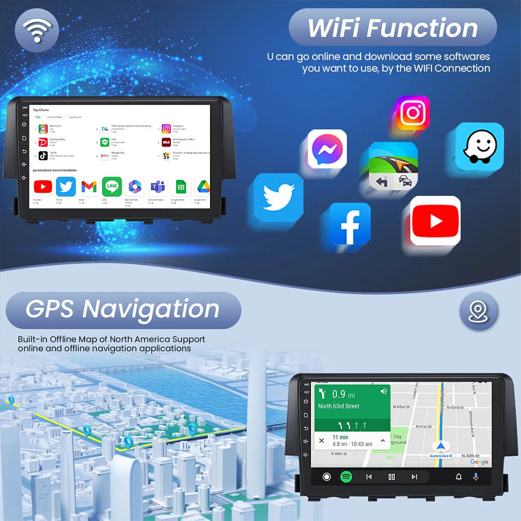 For 2016-2020 Honda Civic Navigation Large Screen Navigation Android 14 Smart GPS Car Radio