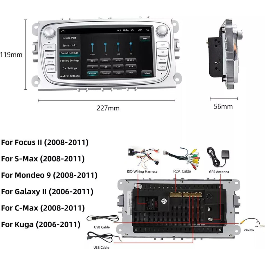 7"Android 14 BT SWC WIFI Radio For Ford Focus MK2 Stereo Black GPS Sat Nav
