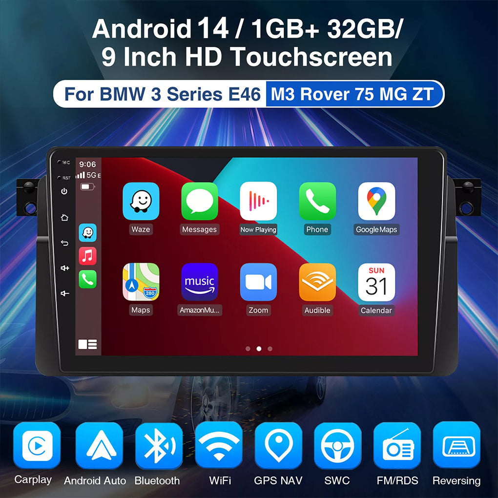For BMW E46 1998-2006 9" Android 14 Car Stereo GPS Navigation Wifi BT RDS Radio