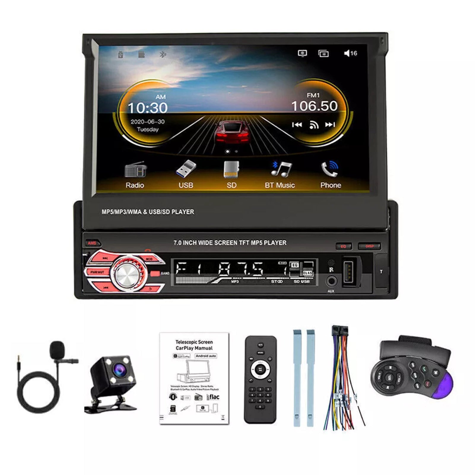 Car Radio Bluetooth 1 Din 7 Inch Screen Touchscreen Radio with Rear View Camera