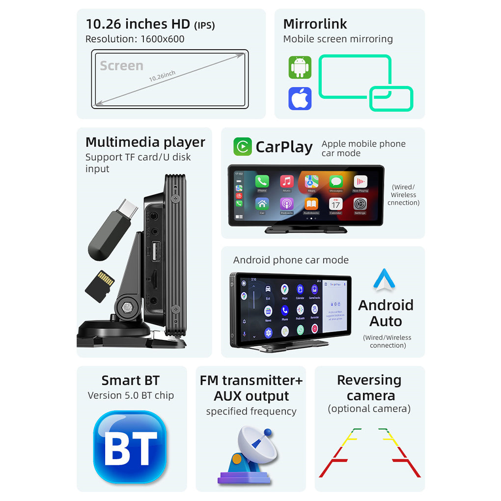 10.26 inch wireless carplay portable screen car MP5 navigation reversing interconnection car bluetooth player car radio B5303