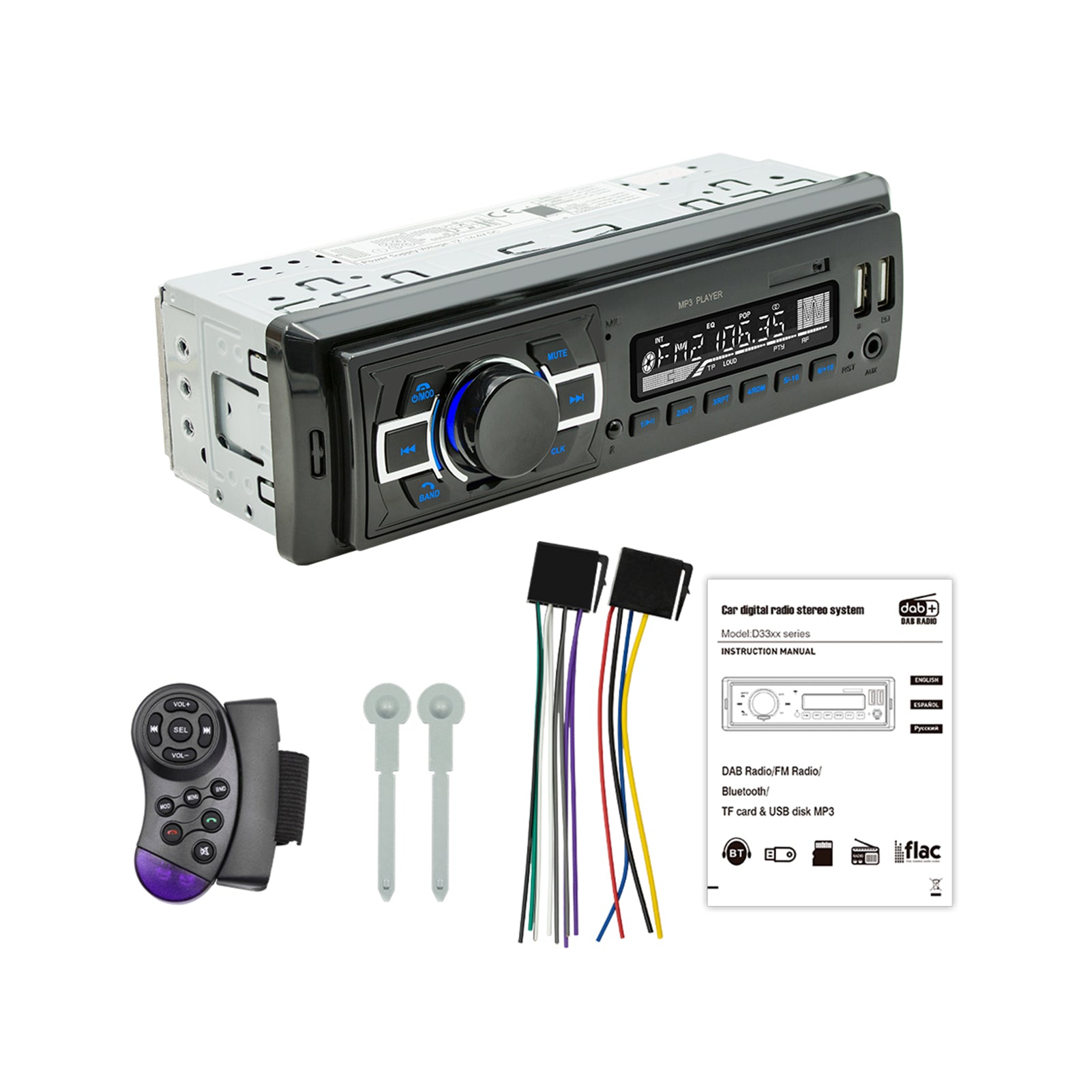 Single Din 12V Car MP3 Player Lossless Music Bluetooth USB Card Car DAB Car Radio with Square Control D3308