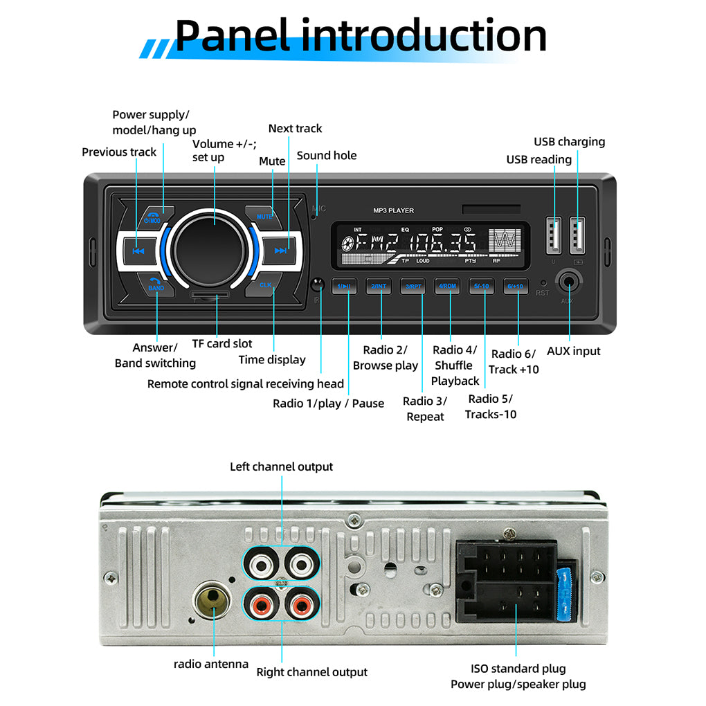 Single Din 12V Car MP3 Player Lossless Music Bluetooth USB Card Car DAB Car Radio with Square Control D3308